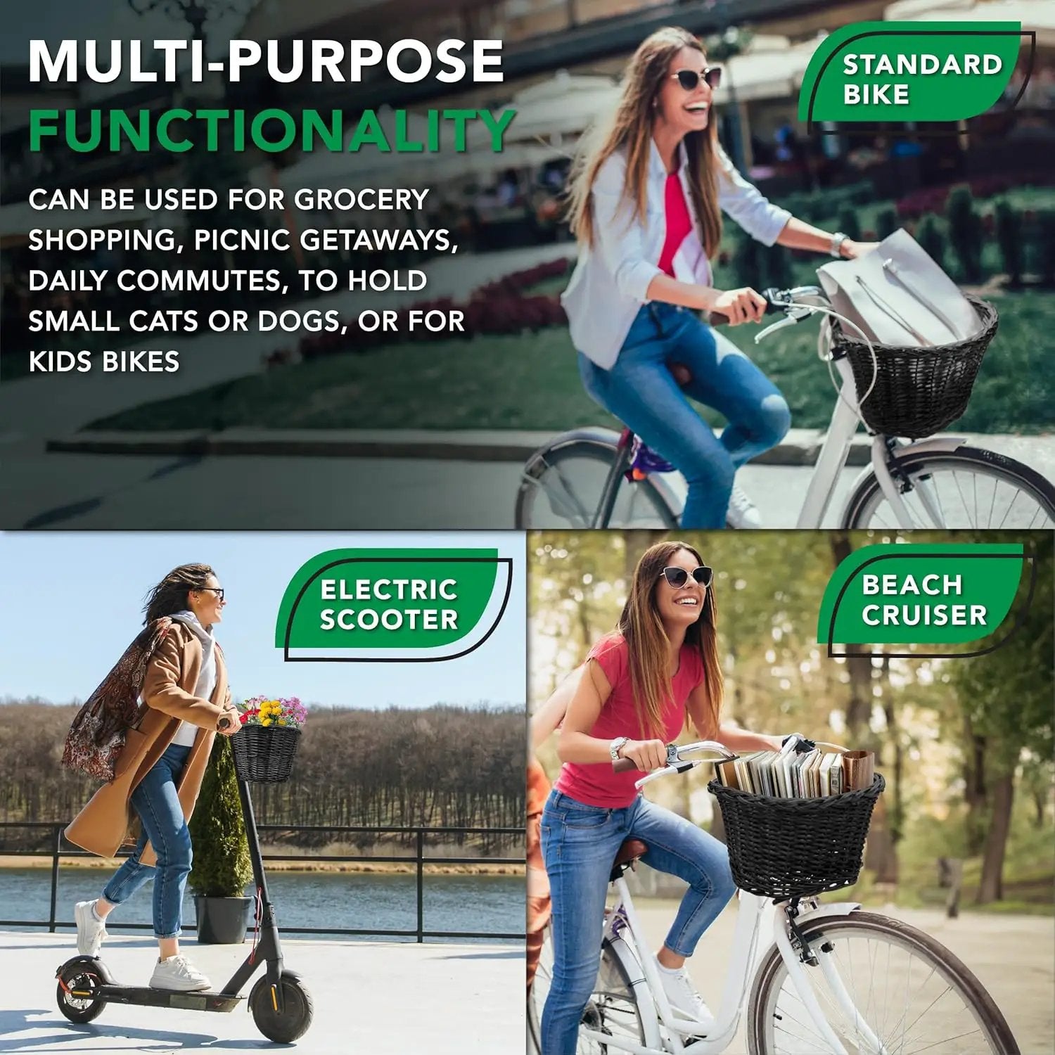 ProSource Wicker Bike Basket Front Cargo for Women and Men, Fits Most Bikes, Beach Cruiser, Stationary Bike, Ebike, Road Bike, Black by GreenHaven Gardens