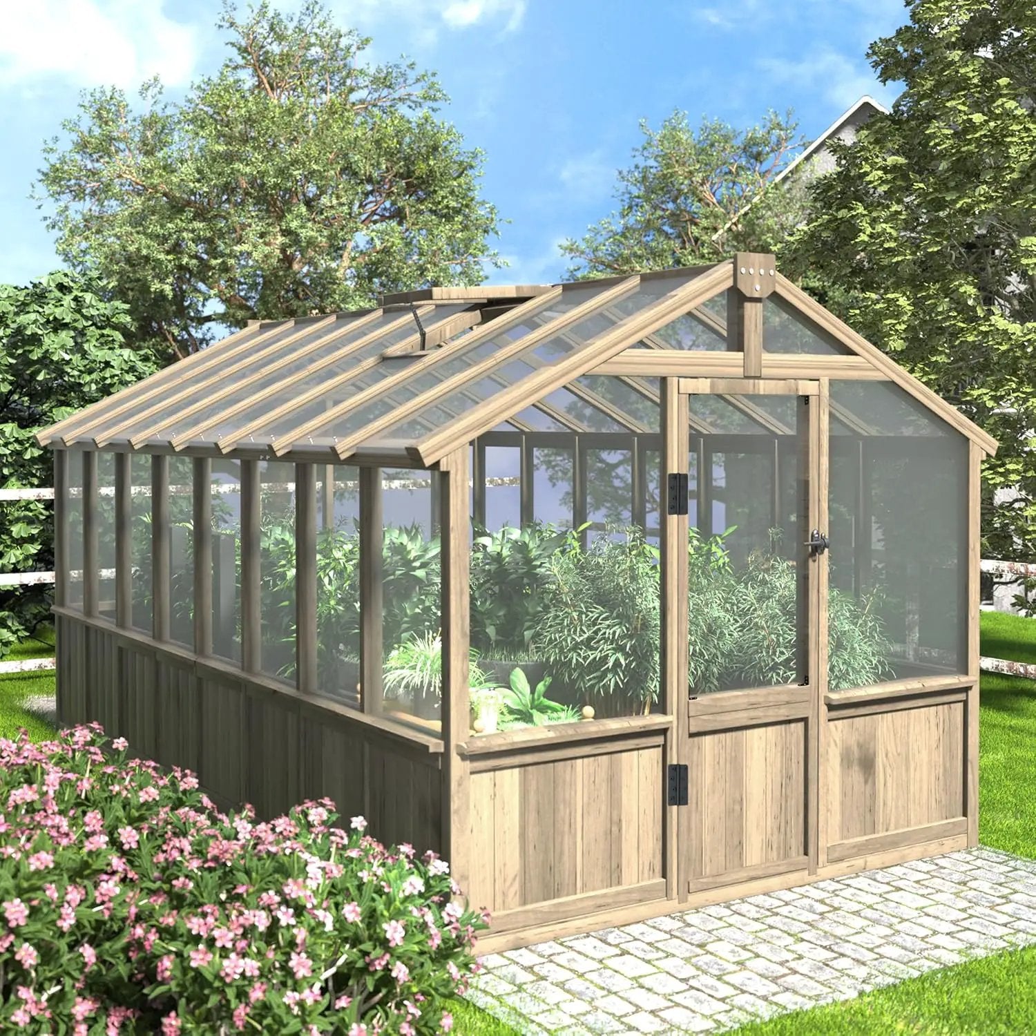 8x16 FT Greenhouse for Outdoor, 6MM Thick Polycarbonate Panel Wooden Walk-in Green House with Adjustable Roof Vents and Lockable Door, Backyard Garden, Light Mocha Brown by GreenHaven Gardens