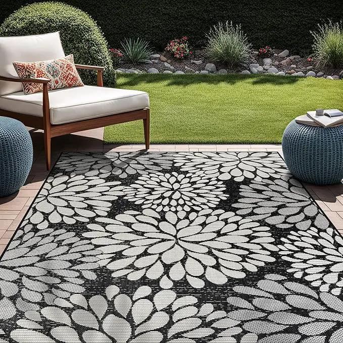 Beverly Rug Outdoor Rug 6x9 Modern Exotic Tropical Leaf Area Rugs for Indoor and Outdoor Patio Deck Porch Garden Water Resistant Washable Outside Carpet (6 x 9 Dark Gray) by GreenHaven Gardens