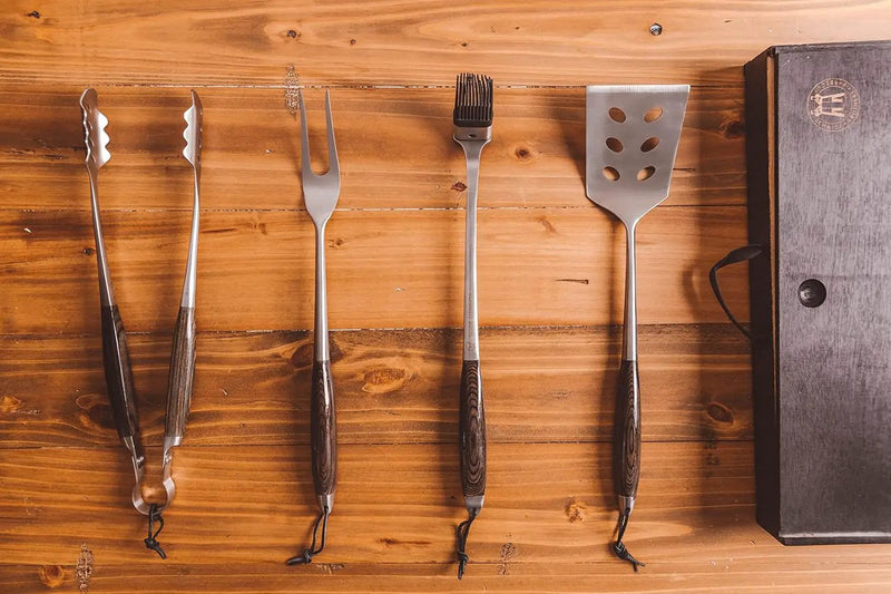 Schmidt Brothers - BBQ Carbon 6, 4-Piece Grilling Accessory Set, Full-Forged Stainless Steel Grilling Utensils Including Spatula, Fork, Basting Brush, and Tongs with All Wood Handles by GreenHaven Gardens