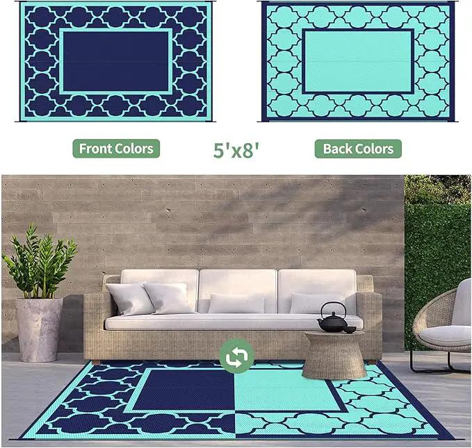 GENIMO 5 ' x 8 ' Outdoor Rug for Patio, Waterproof Indoor Outdoor Plastic Straw Rugs Carpet, Reversible Outside Area Mat for Camping, Balcony Porch, Deck, Picnic, Beach Navy Blue & Jade Green by GreenHaven Gardens
