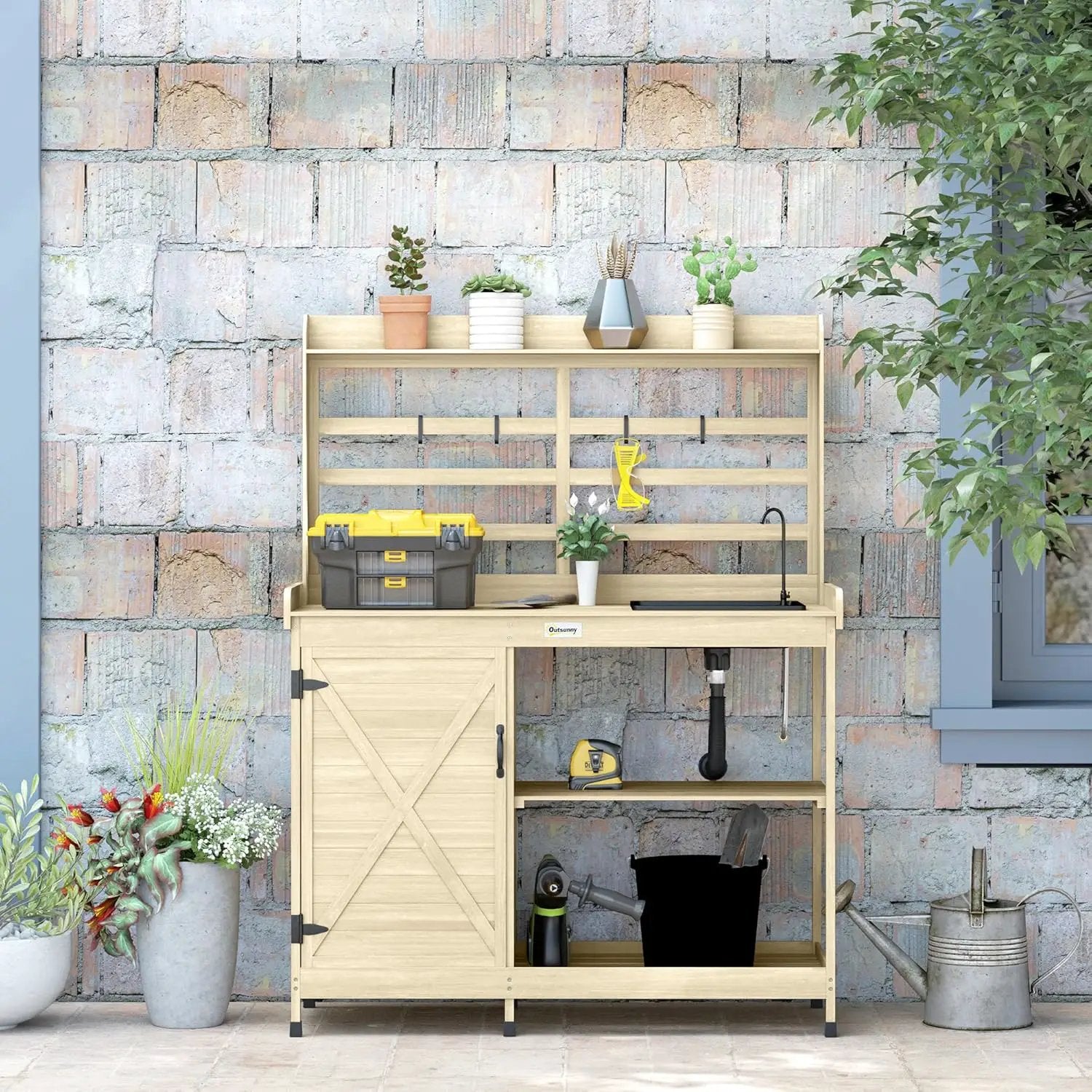 Outsunny Outdoor Wooden Potting Bench Table with Sink and Water Tap, Garden Workstation with Storage Cabinet, Storage Shelves for Backyard, Patio, Balcony, Natural by GreenHaven Gardens