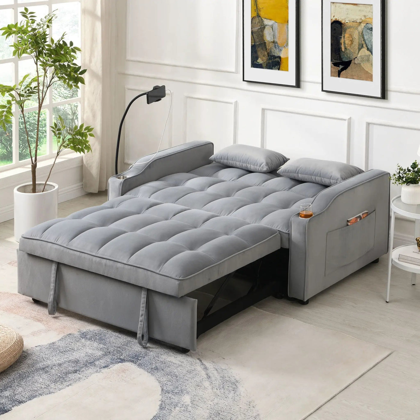 Modern Loveseat Futon Sofa With Pullout Bed, Adjustable Reclining Backrest, Toss Pillows by Unique Piece Furniture