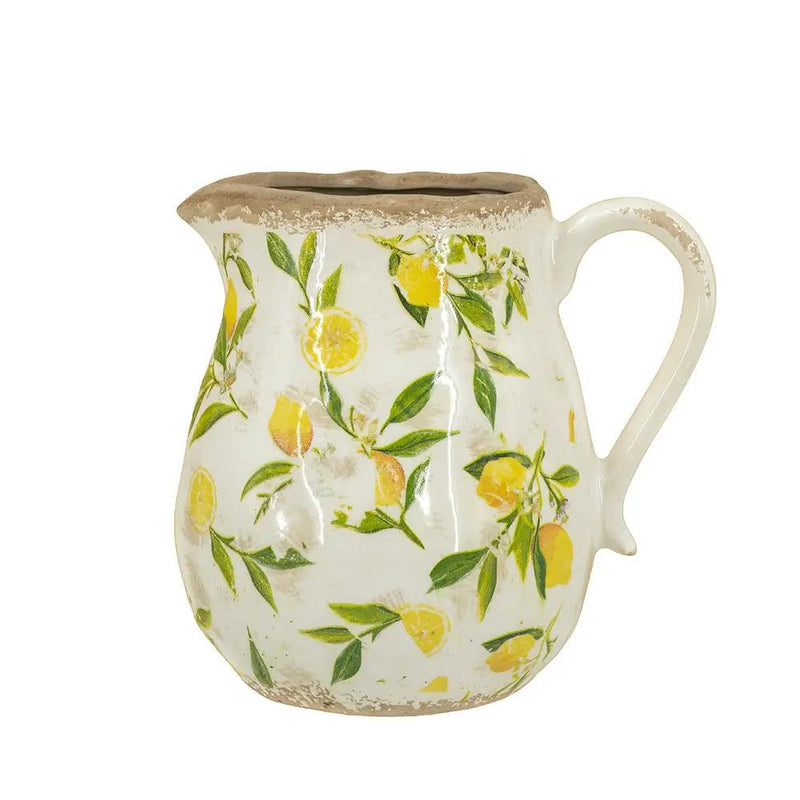 7.9x6.5x7.9' White Ceramic Pitcher Vase with Yellow Lemon Motif by HouseOfZazla