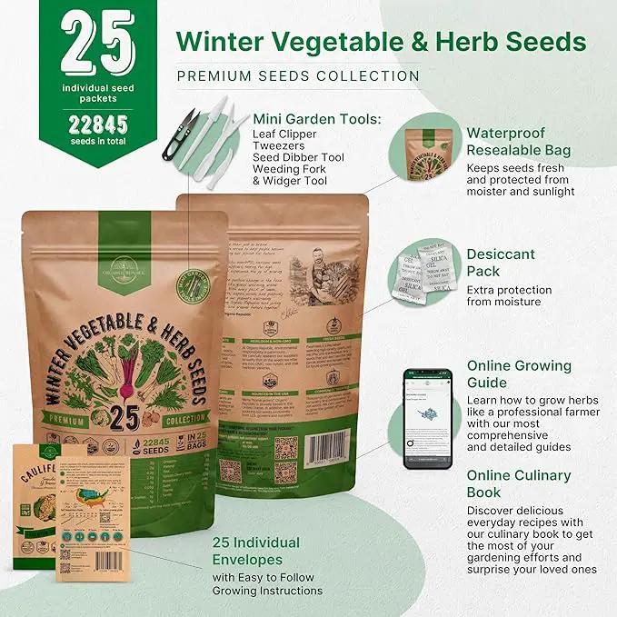 Organo Republic 25 Winter Vegetable & Herb Garden Seeds Variety Pack for Outdoors & Indoor Home Gardening 5000+ Non-GMO Heirloom Seeds Broccoli Beet Carrot Cabbage Radish Pea Mint Thyme Parsley by GreenHaven Gardens