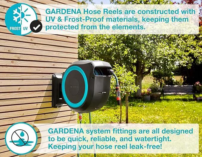 GARDENA (18630) Retractable Garden Hose Reel 115' x 1/2" Wall Mounted, Automatic Retraction & Length Lock for Easy Watering. Heavy Duty Swivel Bracket 180°, Includes Nozzle. Made in Europe by GreenHaven Gardens