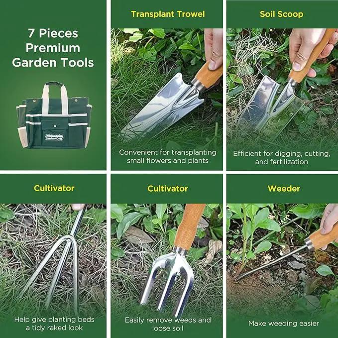 Gardening Tool Set, Stainless Steel 7-Piece Gardening Tools with Heavy-Duty Folding Stool and Detachable Canvas Tote Bag, Green and White, Ideal Gardening Gifts for Women and Men by GreenHaven Gardens