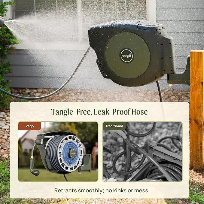 Vego Garden Hose Reel Retractable Hi-Flow x 100ft Wall Mounted Hose Reel Automatic Rewind, Any Length Lock with 9 Patterns Sprayer Nozzle, Quick Connector and Adjustable shot Nozzle-Cloud White by GreenHaven Gardens