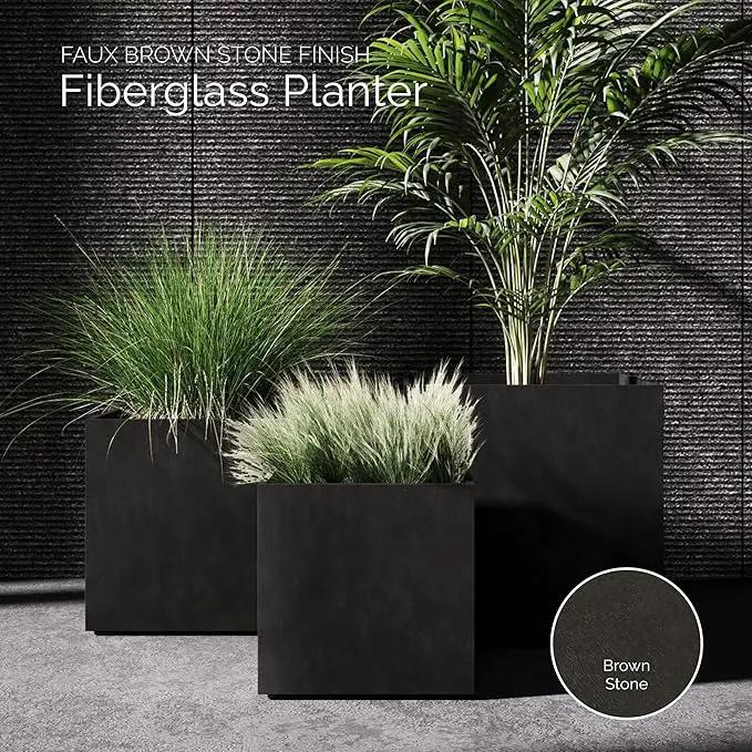 Reglito Cube Planter - 35.4 in x 35.4 in x 35.4 in - Brown Stone by GreenHaven Gardens