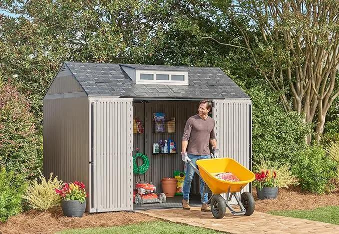 Rubbermaid Extra Large Resin Outdoor Storage Shed With Floor (7 x 10.5 Ft.) Weather Resistant Brown Organization for Home/Lawn Mower/Backyard Equipment/Bike Storage/Pool Supplies by GreenHaven Gardens