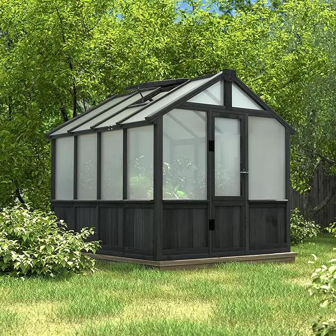 6x8 FT Greenhouse Kit for Outdoor, Thickened Polycarbonate Panel Wooden Walk-in Green House with Lockable Door and Adjustable Roof Vent, Backyard Garden, Black by GreenHaven Gardens