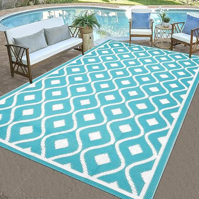 Pauwer Waterproof Outdoor Rug 6x9, Reversible Plastic Straw Patio Camping Rug, Indoor Outdoor RV Mat Carpet for Deck, Camper, Porch, Balcony, Backyard, Picnic, Geometric Teal by GreenHaven Gardens