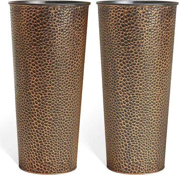 KOL 25" H. Metal Hand-Hammered Planters with Inner Pots 2-Pack, Bronze Decor Planter for Deck, Patio, Porch - Galvanized Steel Handcrafted Flower Pot - w/Water Level Indicator - Indoor Outdoor Use by GreenHaven Gardens