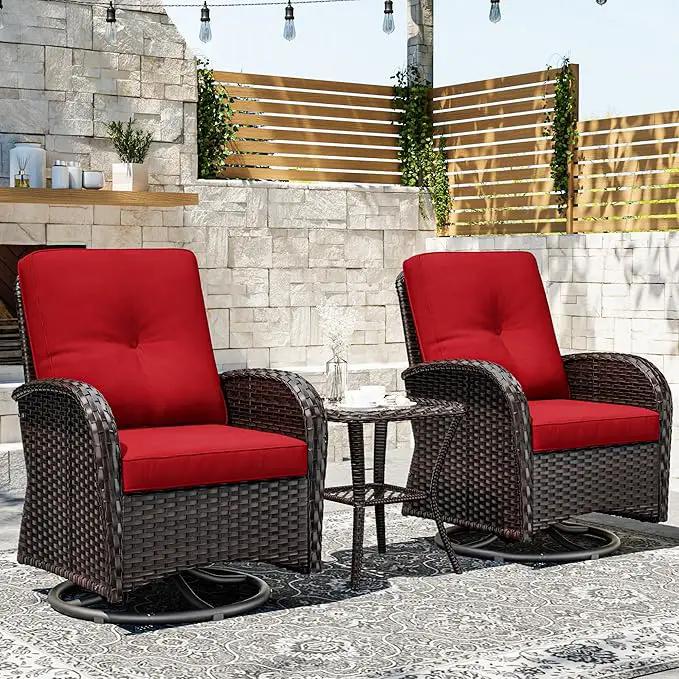 Joyside Outdoor Swivel Rocker Chairs, 3 Piece Wicker Patio Set with Thick Cushion and Side Table, Rattan Patio Swivel Rocking Chairs for Porch, Deck Use (Brown/Red, 3 PCS) by GreenHaven Gardens