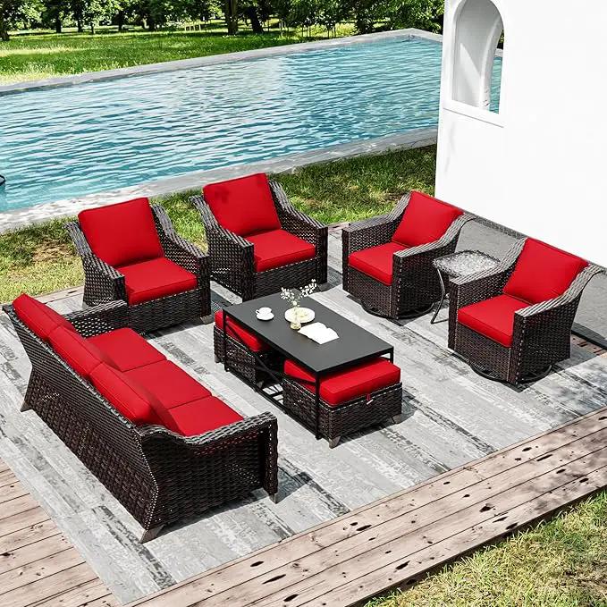 Joyside Wicker Patio Furniture Sets, 9 Pieces Upgraded Large Size Outdoor Furniture with Swivel Rocking Patio Chairs, Patio Dining Chair, 3-Seat Sofa, Outdoor Ottoman, Coffee Table, Thick Cushions by GreenHaven Gardens