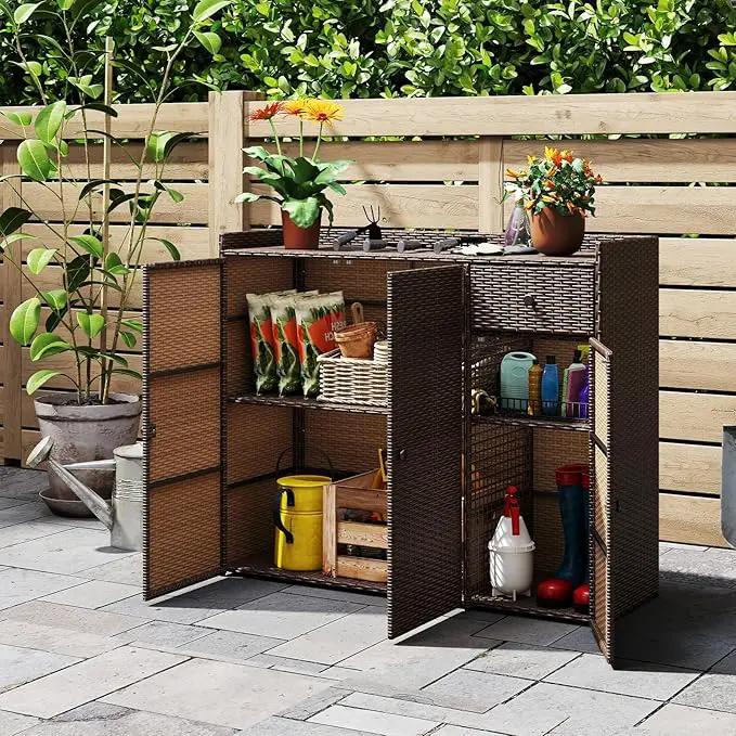Tangkula Rattan Outdoor Storage Cabinet, Patiojoy Outdoor Cabinet with 4 Adjustable Shelves, 1 Drawer, 3 Doors, Patio Storage Deck Box Table for Patio Garden Poolside (Mix Brown) by GreenHaven Gardens