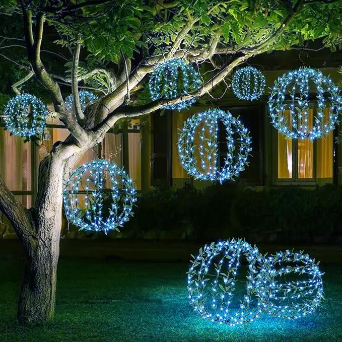 Flacchi Solar Powered Hanging Iron Sphere Lights with Artificial Greenery – 12Inch 120 LED Waterproof Outdoor Decor Ball Light with Timer & 8 Modes – 2 Pack for Garden, Christmas, Weddings(Blue) by GreenHaven Gardens