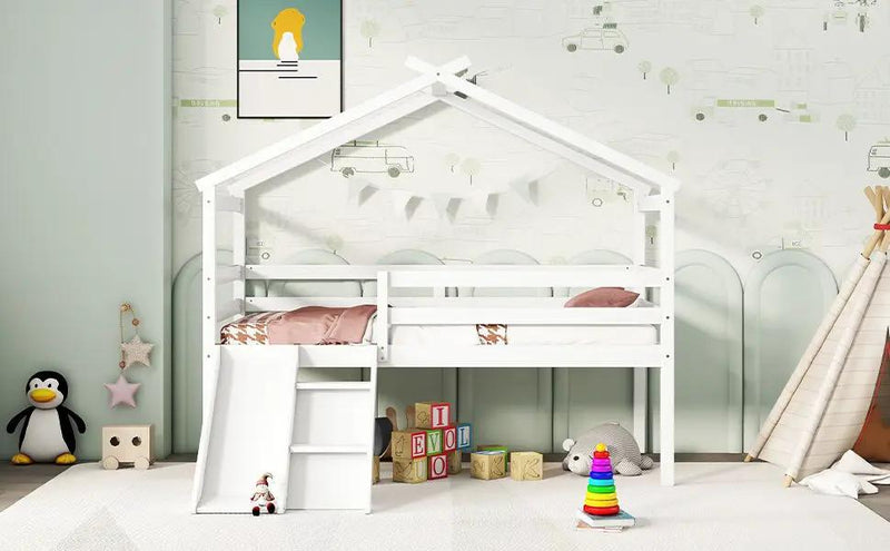 Low Loft House Bed With Slide, Ladder, Safety Guardrails, House Roof Frame by HouseOfZazla