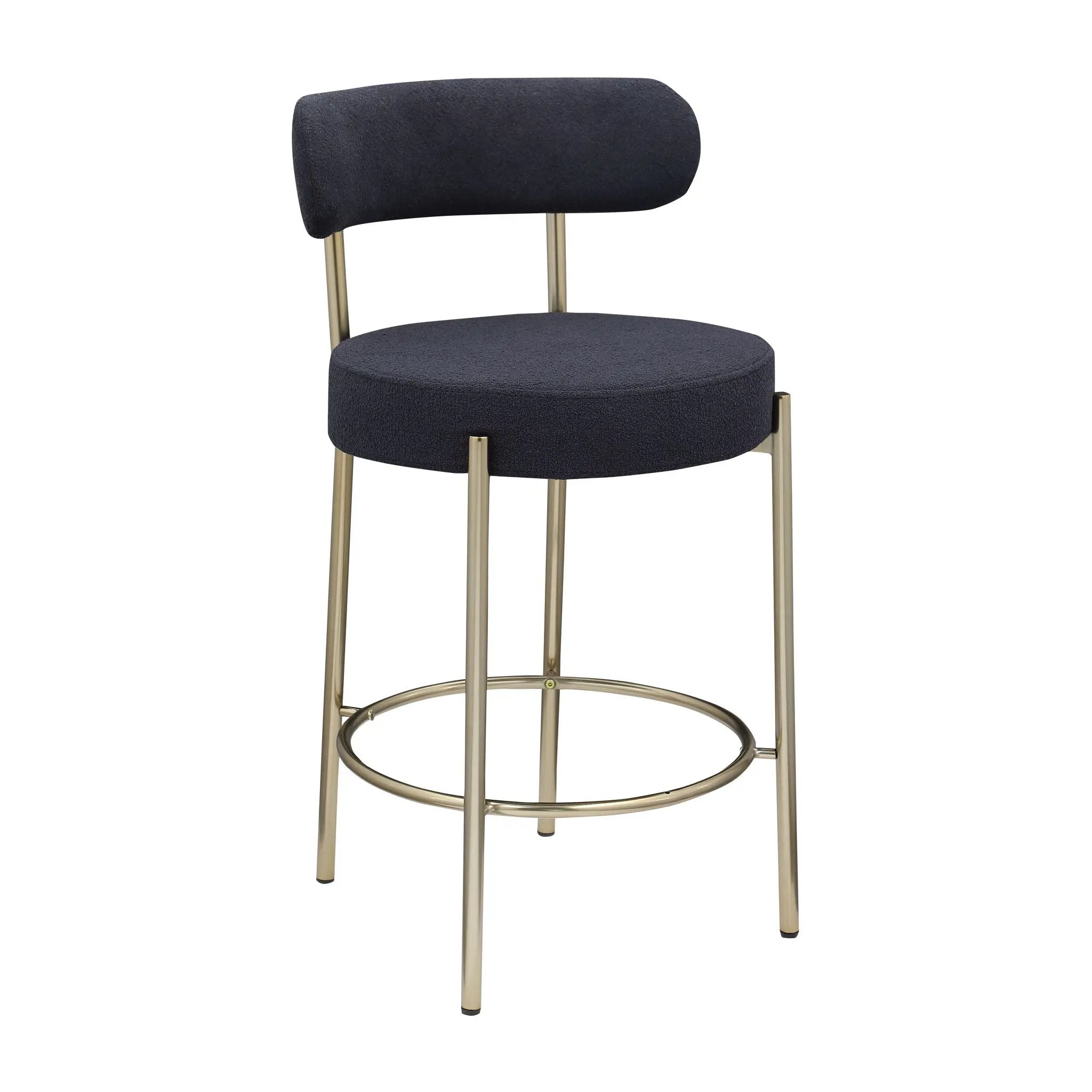 Modern Sherpa Counter Height Stools, Uphsoltered Seat Height Barstools With Brushed Brass Metal Legs Round Low Back Kitchen Stools With Footrest For Dining Room (Set of 2) by Unique Piece Furniture