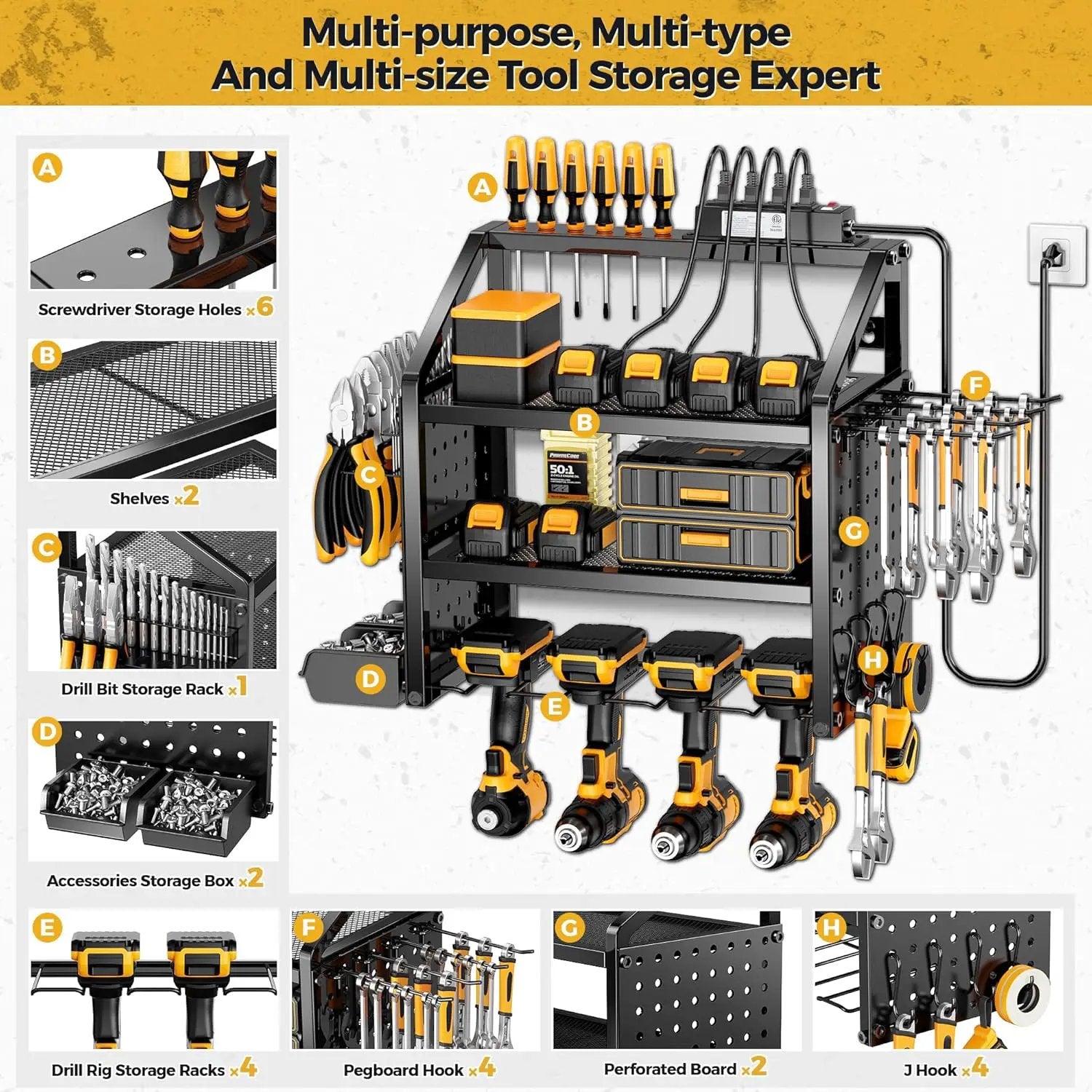 LBT Heavy Duty Metal Power Tool Organizer Wall Mount with 4 Outlet Charging Station & Drill Holder, 4 Layer Garage Storage Rack 120LB, Gift for Men Dad Husband (Workshop, Anniversary, Father's Day) by GreenHaven Gardens
