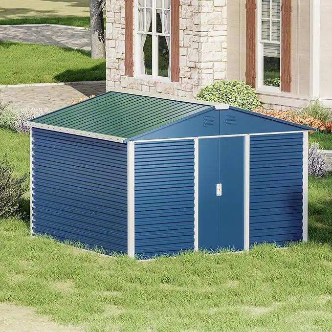 Metal Outdoor Storage Shed 10FT x 10FT, Steel Utility Tool Shed Storage House with Sliding Door, Metal Sheds Outdoor Storage for Backyard Garden Patio Lawn, Blue by GreenHaven Gardens