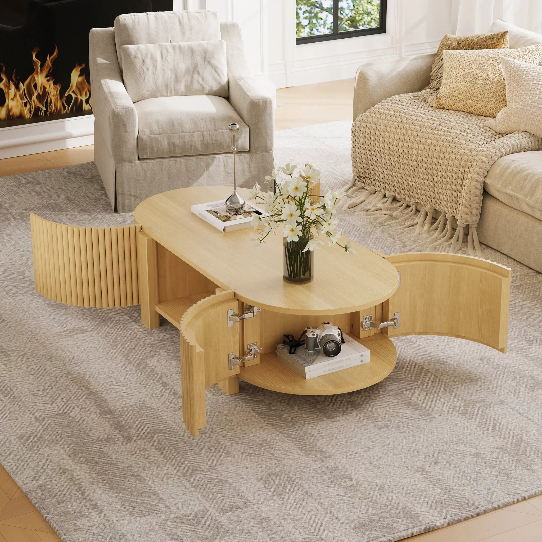 Oval Fluted Coffee Table with Storage for Living Room by HouseOfZazla