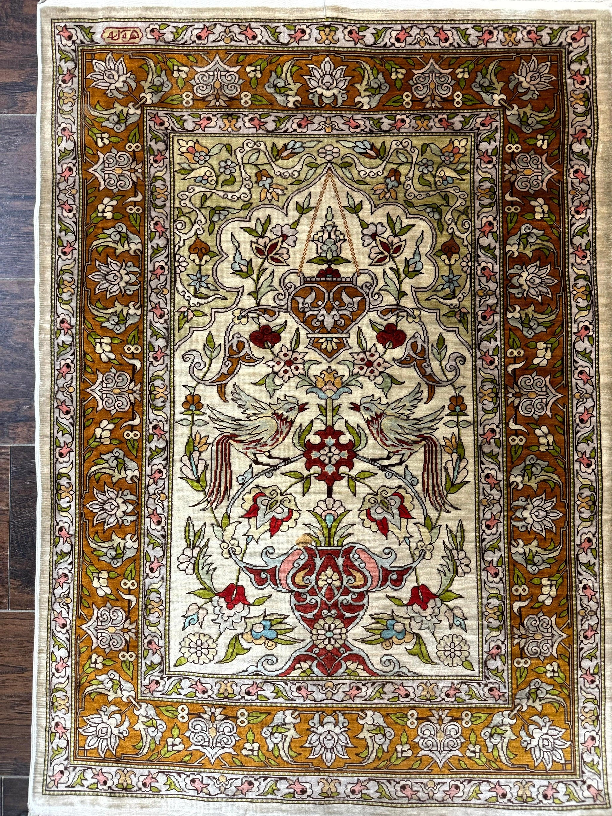 Silk Turkish Hereke Rug 2x3, Birds Lantern Very Fine 400 KPSI, Signed by Masterweaver, Wonderful, Rare, Small Hereke Rug by Jewel Rugs