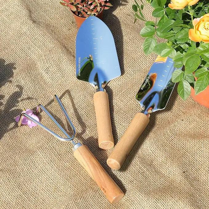 Garden Tool Set, 3 Pieces Gardening Kit with Garden Plant Twist Tie and Plastic Plant Tag, Stainless Steel Heavy Duty Garden Tools with Wooden Handle, Gardening Gifts for Women by GreenHaven Gardens