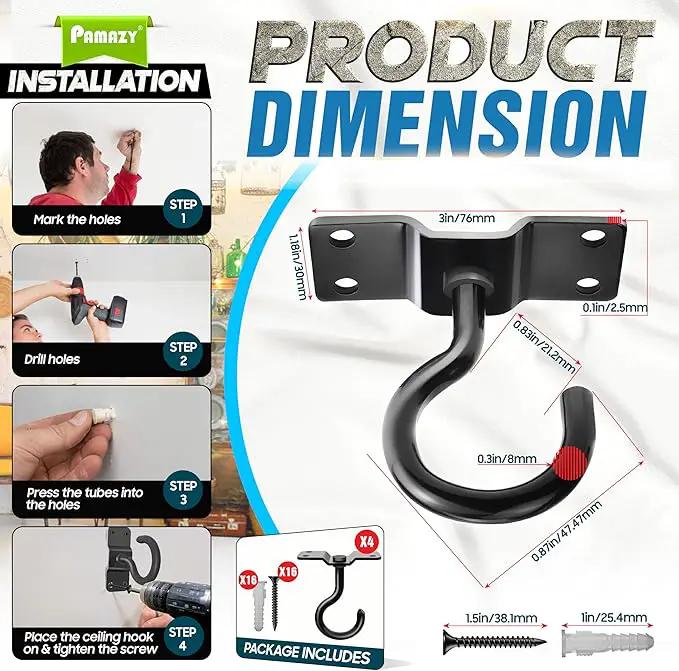 [UPGRADED] 4Pcs 200LBS Rotatable Ceiling Hooks with 4 Screw Points Base, Wall Mount Metal Hanger Black Ceiling Hook for Hanging Plant, Bird Feeder, Lights, Bed Canopy, Wind Chime, Indoor Outdoor Decor by GreenHaven Gardens