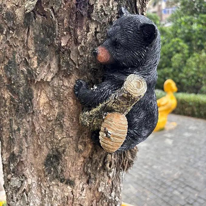 Black Bear Cub Tree Hugger Decor Outdoor Sculpture, Baby Bear Hanging Up a Tree Statue Garden Peeker, Adorable Cute Resin Tree Hugger Bear Face for Gifts and Garden Decor by GreenHaven Gardens