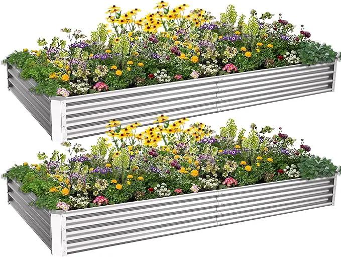 8x4x1ft(2 Pack) Galvanized Raised Garden Bed for Gardening,Metal Planter Boxes Outdoor Patio Kit Planting Bed for Vegetables Flowers Herb,Silver by GreenHaven Gardens