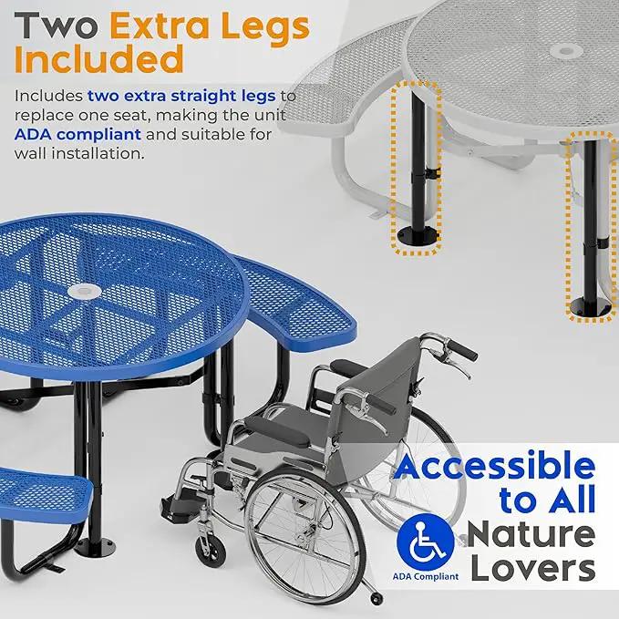 Metal Picnic Tables for Outdoors with Umbrella Hole - Coated Steel Heavy Duty Commercial Grade Table with Adjustable Seats (Blue, 46 in, Round, Expanded Steel) by GreenHaven Gardens