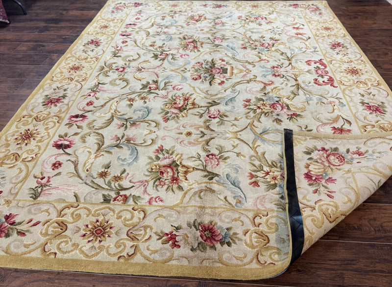 Aubusson Rug 8x10, French European Design, Vintage Handmade Wool Carpet, Aubusson Rug with Pile, Floral by Jewel Rugs
