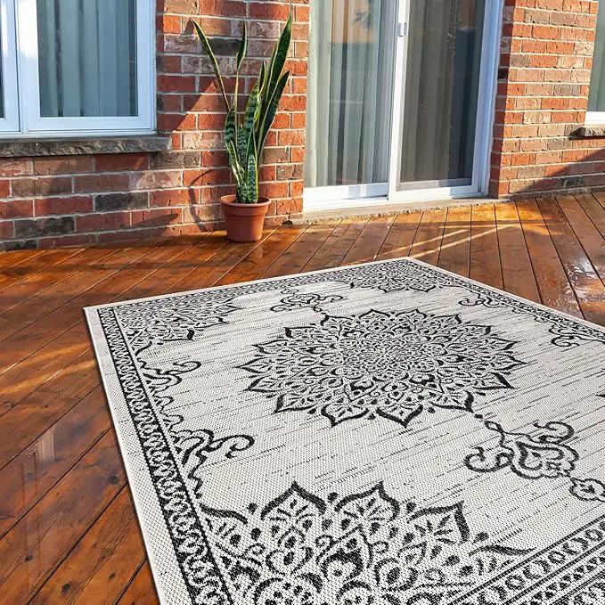 CAMILSON Outdoor Rug, 8x10 Medallion White Black Modern Area Rugs for Indoor and Outdoor Patios, Kitchen and Hallway Mats, Washable Porch Deck Outside Carpet (Medallion White, 8 x 10) by GreenHaven Gardens
