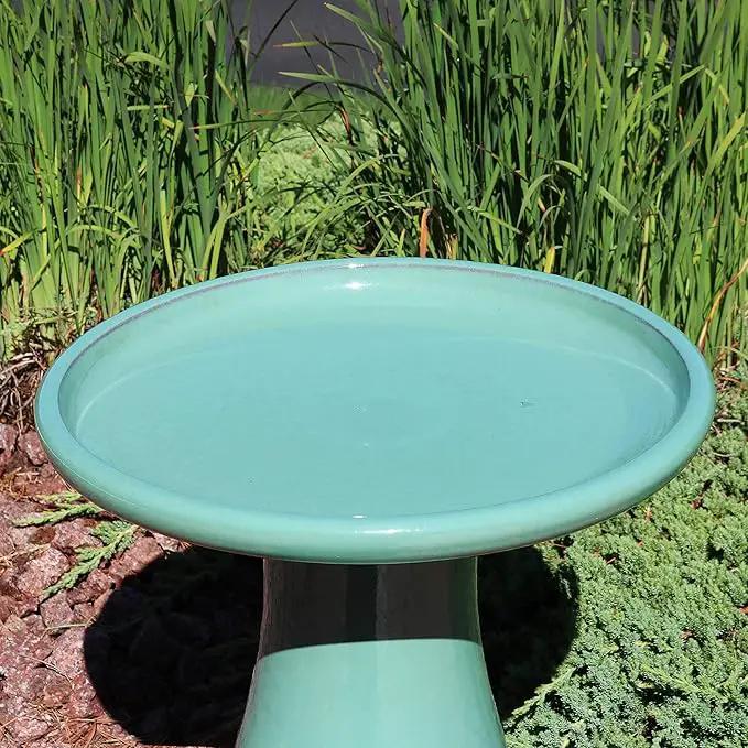 Sunnydaze 21" H Ceramic Bird Bath for Outside - Hand-Painted Outdoor Bird Bath Bowl, UV/Frost-Resistant Finish - Seafoam - Cut Out Pedestal by GreenHaven Gardens