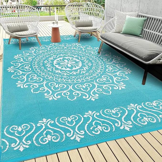 Pauwer Waterproof Outdoor Rug 6x9, Reversible Plastic Straw Patio Camping Rug, Indoor Outdoor RV Mat Carpet for Deck, Camper, Porch, Balcony, Backyard, Picnic, Floral Teal by GreenHaven Gardens
