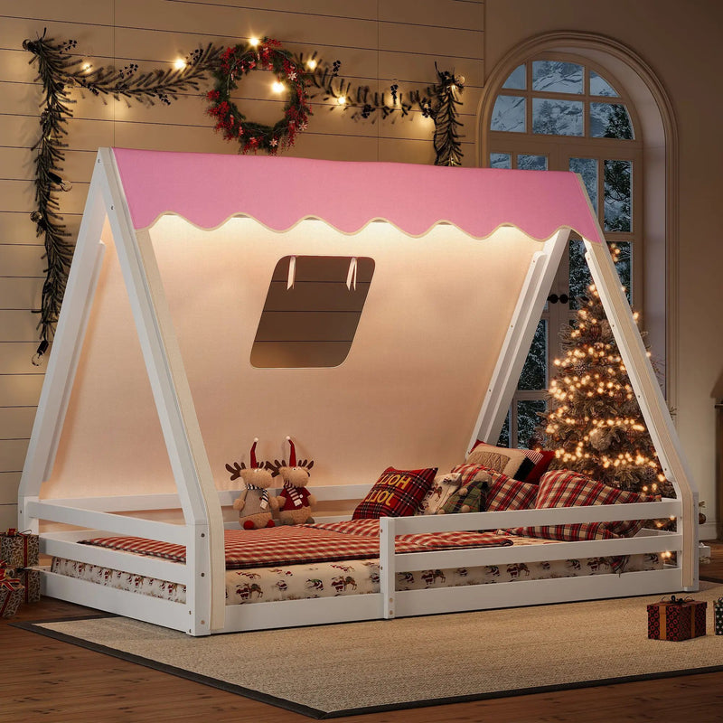 Full Size House Floor Bed with Tent and Light by HouseOfZazla