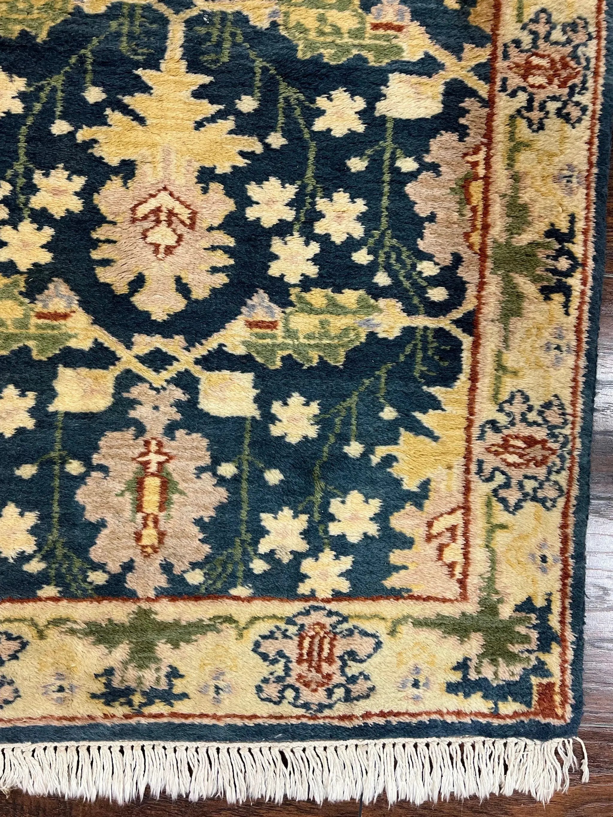 Indian Runner Rug 2.6 x 12, Navy Blue Beige Oriental Runner Rug 12ft Long, Narrow Hallway Runner, Wool Hand Knotted Indo Persian Mahal Rug by Jewel Rugs