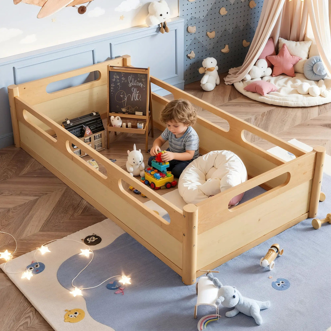 Twin Size Floor Platform Bed with Full-Length Guardrails by HouseOfZazla