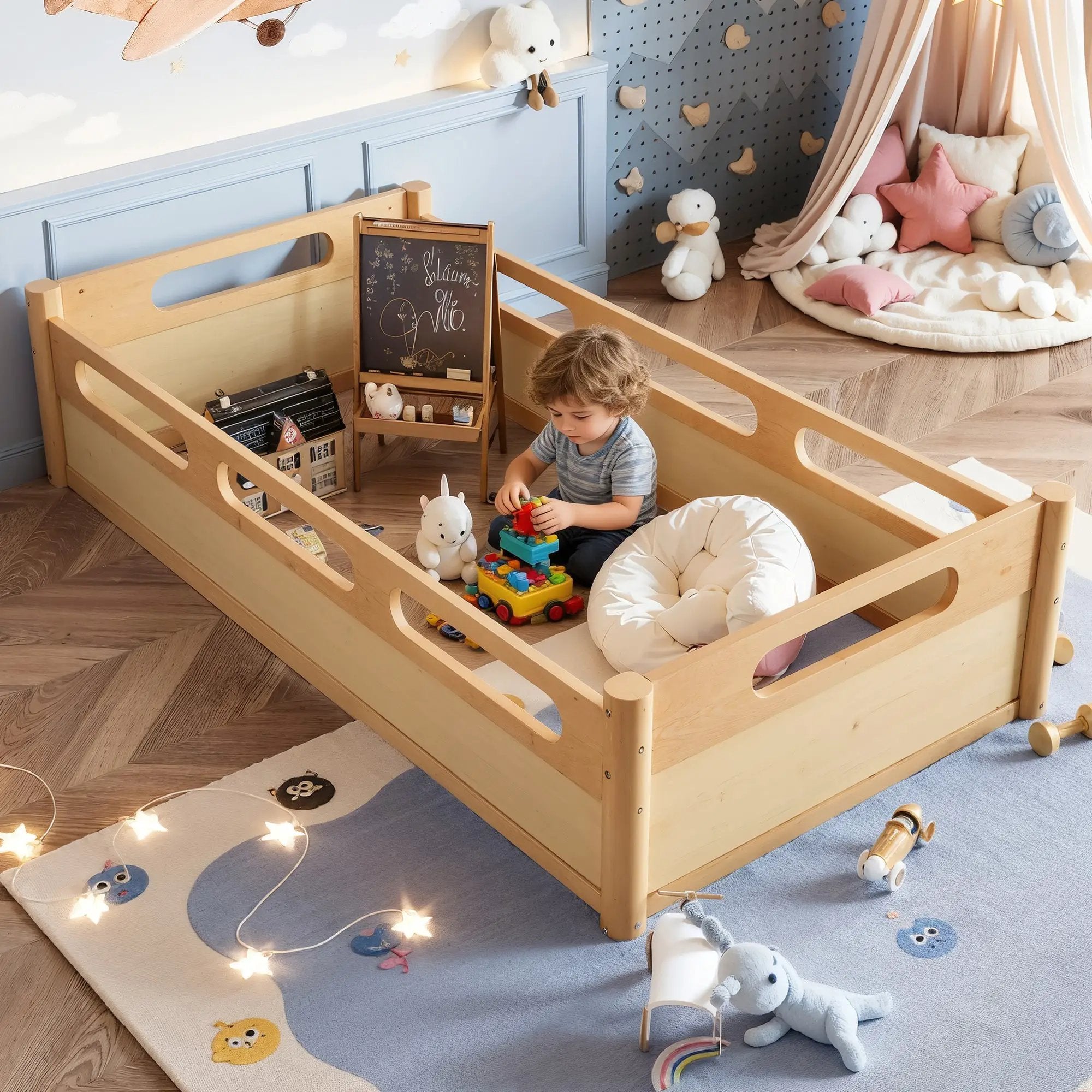 Twin Size Floor Platform Bed with Full-Length Guardrails by HouseOfZazla