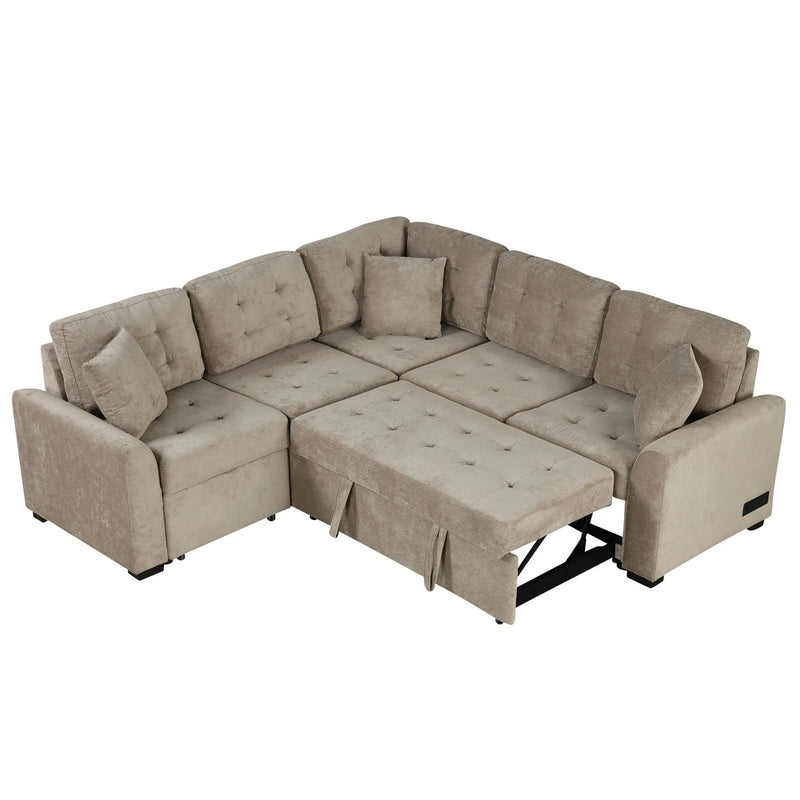 L-Shape Sofa Bed Pull-Out Sleeper Sofa With Wheels, USB Ports, Power Sockets For Living Room by HouseOfZazla