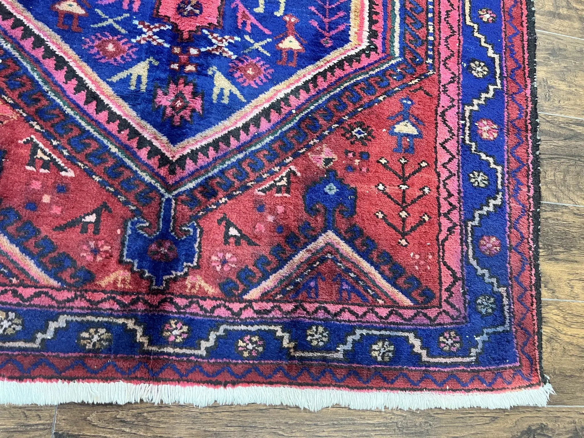 Persian Tribal Rug 5x7, Wool Handmade Vintage Hamadan Nahavand Carpet, Red & Navy Blue, Animal Motifs, Geometric Oriental Rug 5 x 7 by Jewel Rugs