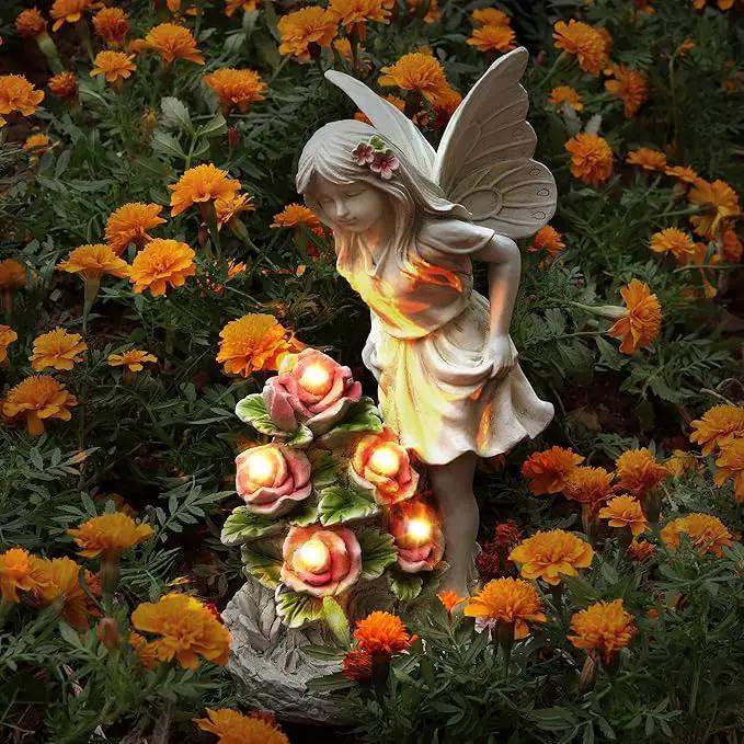 Garden Figurines Angel Garden Statue Outdoor Decor, Solar Powered Resin Sculpture with 5 LEDs Art Decoration for Patio Lawn Yard Porch, Ornament Housewarming Garden Gift, 12.8 x 7.5 x 6.1 Inch by GreenHaven Gardens