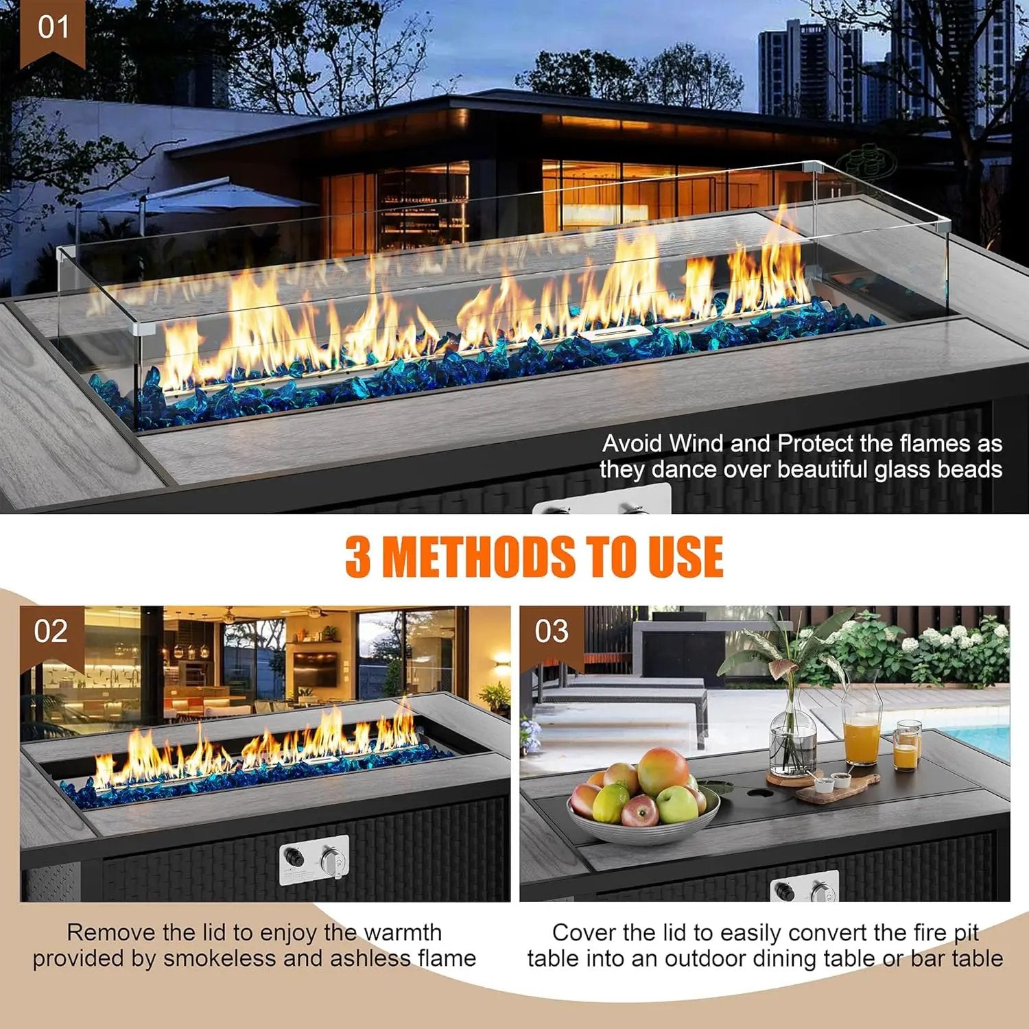 45 inch Outdoor Propane Fire Pit 50,000 BTU Gas Fire Pit Table with Lid, Glass Wind Guard, Waterproof Cover, Rectangle Gas Firepit Table for Garden/Patio, CSA Certification by GreenHaven Gardens
