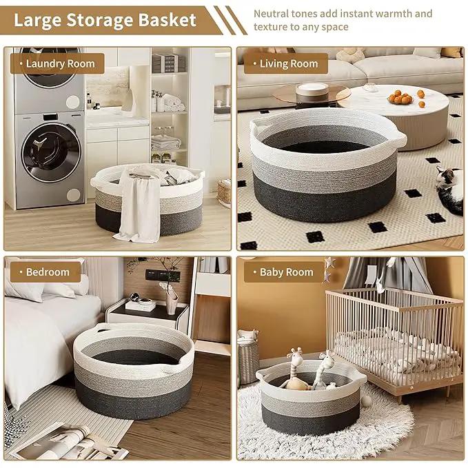 125L Extra Large Blanket Basket, 25" x 16", Jumbo Laundry Woven Baskets Decorative Home, Cotton Rope Basket with Handles, Baby Toy Baskets for Storage, Gradual Gray by GreenHaven Gardens