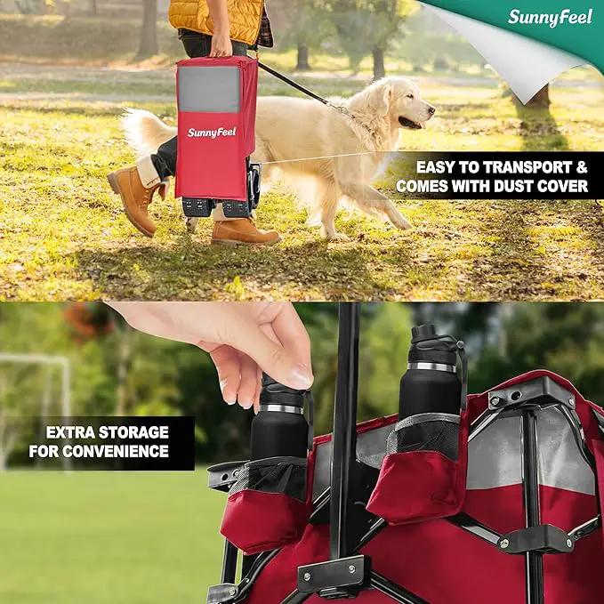 SUNNYFEEL 49''L 550lbs Heavy Duty Wagon Cart Foldable with Wheels,Extra Long Fold Up Wagons Carts with Side Pocket and Brakes for Camping Sports Garden Shopping (Red) by GreenHaven Gardens
