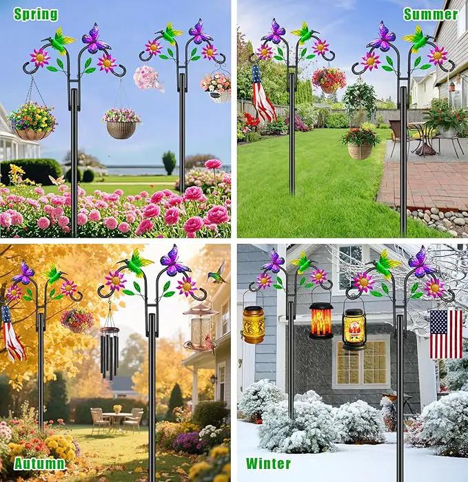 Double Shepherds Hooks for Outdoor, Artistic Hummingbird & Flower Design, 5 - Prong Base, Ideal for Bird Feeders, Baskets & Lanterns (1 Pack) by GreenHaven Gardens