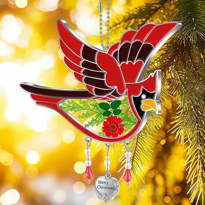 KY&BOSAM Cardinal Suncatcher Merry Christmas Hanging Ornament for Windows Sun Catchers with Pressed Real Flower in Glass and Heart Charm Birthday Gifts for Women Mom Grandma Nana Christmas Day Gifts by GreenHaven Gardens