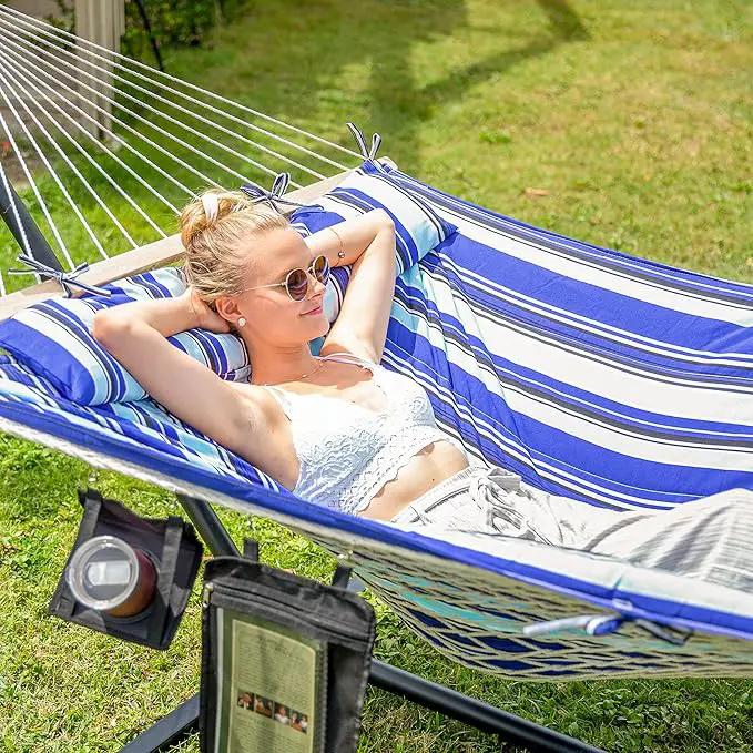 SUNCREAT Double Hammock with Stand, Two Person Cotton Rope Hammock, Blue Stripe by GreenHaven Gardens