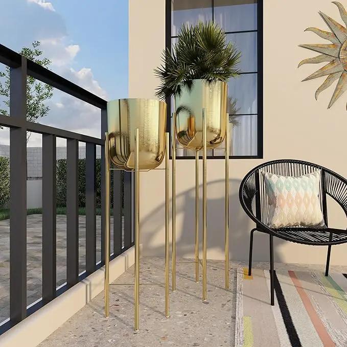 CosmoLiving by Cosmopolitan Metal Indoor Outdoor Planter Tall Indoor Outdoor Dome Large Planter Pot with Removable Stand, Set of 2 Planters 39", 46"H, Gold by GreenHaven Gardens